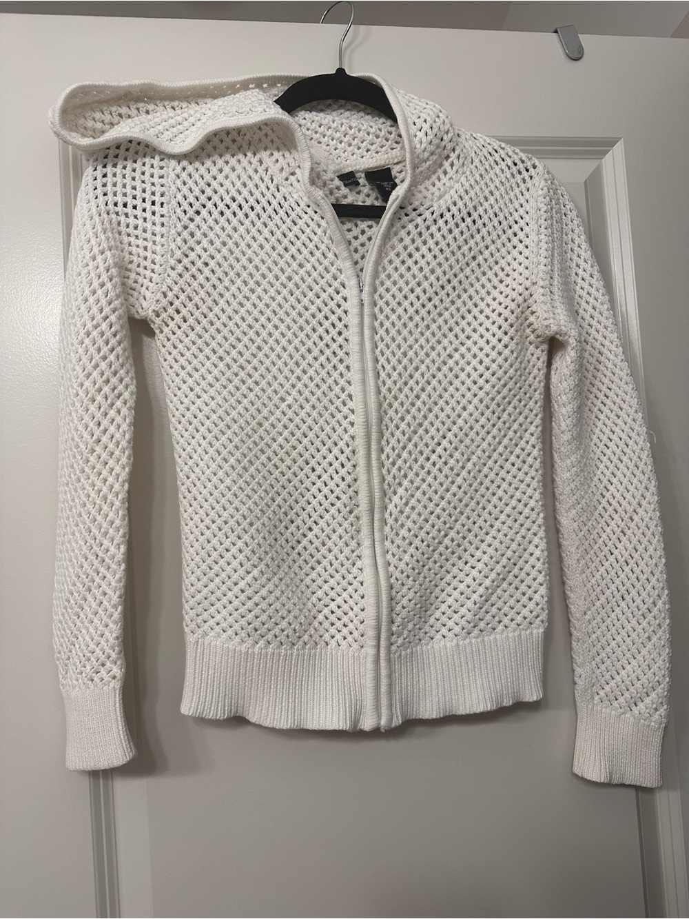 Moda International White Open-Weave Zip-Up Cardigan